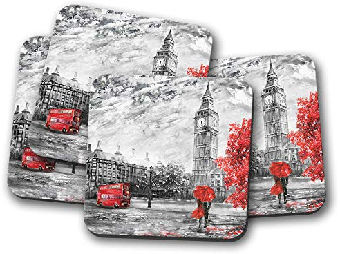 4 Set - London Winter Coaster - Red Bus Big Ben England Britain Fun #14500