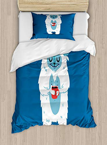 ABAKUHAUS Bigfoot Duvet Cover Set, Yeti Coffee Cup Winter, Bedding Set 2 Pieces with 1 Pillow Shams, 130 x 200 cm - 70 x 50 cm, Cobalt Blue Baby Blue