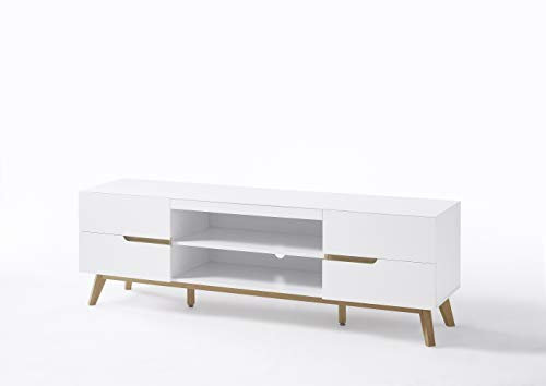 Möbel-Store24 TV-Schrank Lowboard weiß matt MDF Asteiche furniert Massivholz 169 cm T05 Cervin M48641WE5