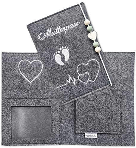 Lezzanna - Mutterpasshülle aus Filz - Mutterpass Tasche - Dokumententasche - in 4 Farben - viele Fächer für Ultraschallbilder und vieles mehr - Geschenk für Schwangere - Organizer
