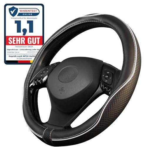 Upgrade4cars Lenkradbezug Weiß Schwarz in Leder-Optik | Lenkradhülle Universal 37-38 cm für Sommer & Winter | Autozubehör Innenraum Geschenk-Ideen | Geschenke für Frauen und Männer