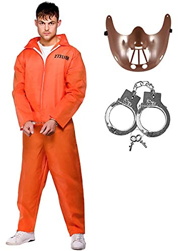 Adult Mens Orange Convict Suit Fancy Dress Costume + Handcuffs + Hannibal Mask (Large (44 Chest))