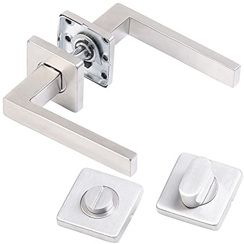 AGT Toiletten-Türklinken: 2er-Set Edelstahl-Türbeschlag Bad & WC, 2 Klinken & Rosetten, eckig (Türbeschlag Badezimmer, Tür Drehschloss, Türschloss)