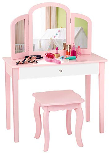 COSTWAY Kinder 2 in 1 Schminktisch Set, Frisiertisch mit dreifach klappbarem Spiegel & Schublade, Prinzessinnen Kosmetiktisch mit Schminkhocker, Schminkkommode Kindertisch für Kinder Mädchen (Rosa)