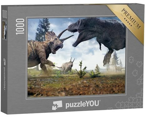 puzzleYOU: Puzzle 1000 Teile „3D-Rendering des Tyrannosaurus Rex im Kampf gegen eine Triceratops-Herde“ – aus der Puzzle-Kollektion Dinosaurier, Tiere aus Fantasy & Urzeit
