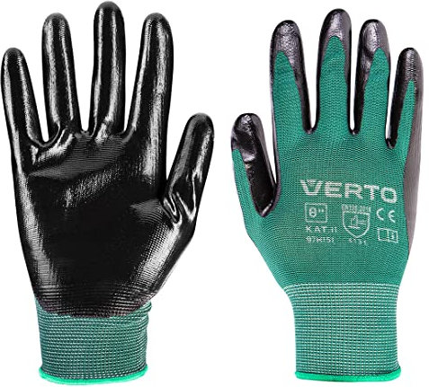 VERTO Nitril-beschichtete Gartenhandschuhe, II. Kategorie, Abriebbeständigkeit 4, Beständigkeit gegen Durchschneiden mit einem scharfen Werkzeug 1, Reißbeständigkeit 3, Durchstechbeständigkeit 1 (8)
