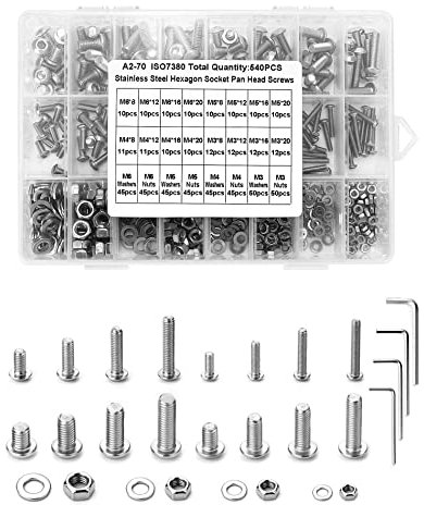 QWORK® Edelstahlschrauben Sortiment, 540 Stück M3 M4 M5 M6 Linsenkopfschrauben Sechskantschrauben aus 304 Edelstahl in Aufbewahrungsbox