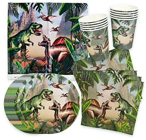 Dinosaurier Gebutstag Party Set,41Pcs Dino Partygeschirr, Geburtstag Geschirr Kit, Dino Kindergeburtstag Deko,Pappbecher Teller Tischdecke Servietten, für Geburtstagsfeier Kinder Junge Party Supplies