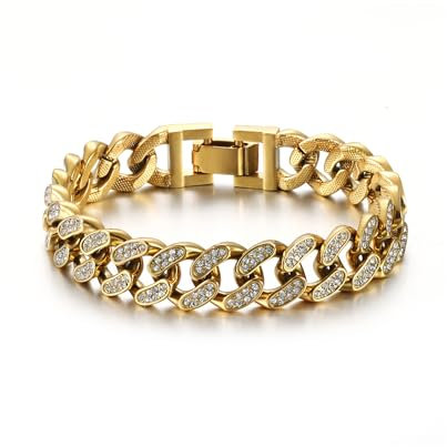 HSWYFCJY 13.5mm Kubanische Armband Iced Out Miami Gold überzogen Hip Hop Full CZ Diamant Armband für Männer,Länge 23cm