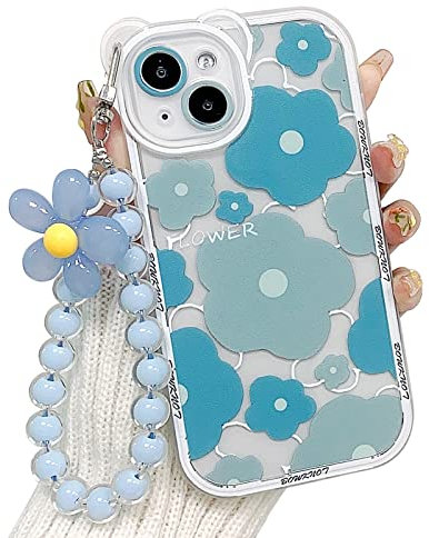 NITITOP Compatible for iPhone 14 Plus Case with Bear Ears Camera Lens for Women Girls, Soft TPU Shockproof Protective Cover with Lovely Flower Bracelet Chain - Bear Blue2