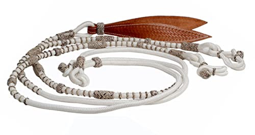 WeavingCraft Weißes Nylonseil mit braunen Knoten, rohes Leder, Pferdezaumzeug, handgeflochten, Romal Romel Zügel, Ranch Seil/Seilzügel