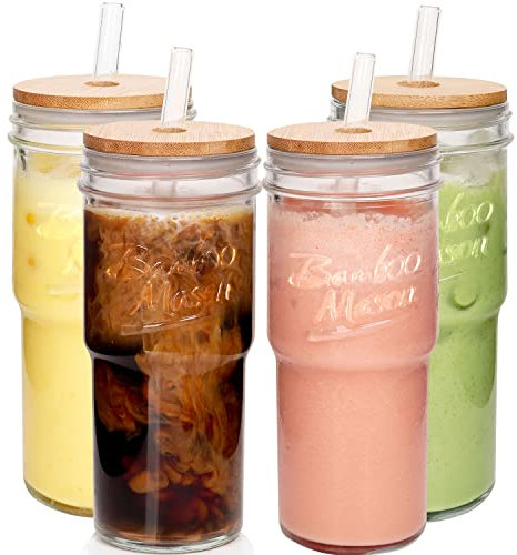 ANOTION Glasbecher mit Deckel und Strohhalmen, 4 Packungen, 680 ml, Reise-Kaffeetasse, breite Öffnung, Einmachglas, Eiskaffeebecher, Smoothie-Tasse, Glasbecher, niedliche Wasserbecher, Trinkgläser