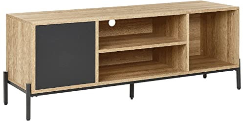 Meuble TV Bas avec Porte et 3 Étagères en MDF Bois clair et Gris Moines