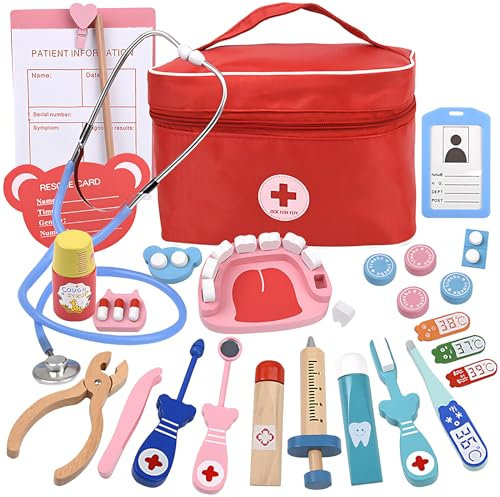 Arztkoffer Kinder Holz, Doktorkoffer mit Stethoskop, Thermometer, Zahnarzt Spielzeug Holz Rollenspiel Set, Ab 2-6 Jahre für Jungen Mädchen, Weihnachten Geburtstag