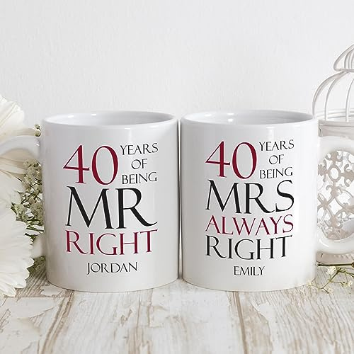 BGExpress Mr Right Mrs Always Right Mug - 40 Years of Being - Personalised Mug Set of Two Adorable Coffee Tea Mugs, Wedding or Anniversary Celebration Gifts