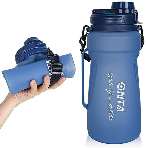 ONTA Botella De Agua Plegable - 1,5 L Botella De Agua Plegable De Silicona, De Con Marcador De Tiempo y Pajita, Botella De Agua Deportiva sin BPA Reutilizables Para Viajes, Fitness, Senderismo (Azul)