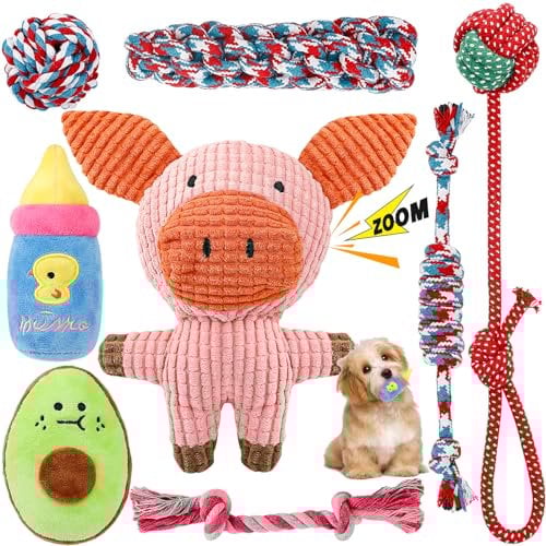 RIO Direct Squeaky Plush Dog Rope Toys Set, 8 Pack Puppy Chew Toys for Teething Training, Cute Interactive Tug Rope Toys for Small and Medium Dogs, Washable, Natural Cotton & Non Toxic