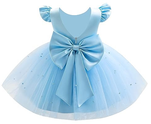 IWEMEK Bébé Fille Robe à Tutu en Tulle à Manches volantées Dos Nu nœud Papillon et Perles Robes de fête Anniversaire Mariage Princesse Cérémonie Baptême Première Communion Bleu 6-12 Mois