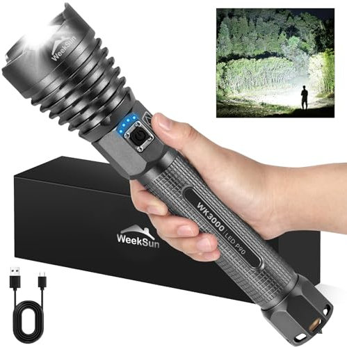WEEKSUN Linternas LED Alta Potencia Recargable, 150,000 Lumenes Linterna Potente, Linterna LED Recargable, IP67 Impermeable 3 Modos PortáTil Linternas, Para Camping, Senderismo, Emergencias