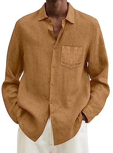 2024 Nouveau - Homme Été Coton Lin Solide Décontracté Grande Taille Chemise Homme Tourner Col Bas Chemise Manches Longues Chemise à Carreaux en Flanelle, marron, XXXXL
