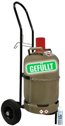 Transportwagen für Propan-Gasflaschen 5kg, 8kg, 10kg und 11kg | Sackkarre mit Halterung für Abflammgerät-Gasbrenner | inkl. 11 Eigentum Propan Gasflasche grau gefüllt und Ulith Lecksuchspray