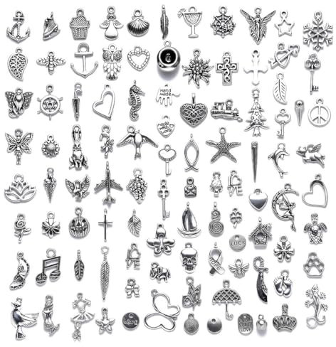 ZAMXHUG Charms Anhänger zum Schmuck - 100 pcs Metall Gemischte Charms zum Basteln,Armbänd Ketten Ohrringe Selber Machen, Gemischte Vintage Aesthetic Accessoires Halskette Making Zubehör Silber