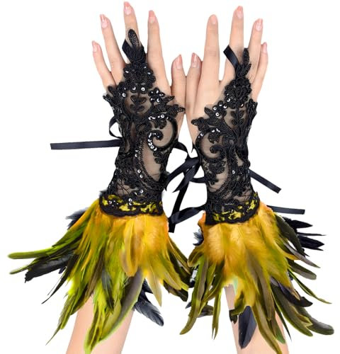 YOUYIKE Spitze Feder Handschuhe, Feder Manschetten, Maleficent Kostüm, Netzhandschuhe Karneval Kostüme, Dekorative Federärmel für Halloween, Cosplay, Gotische Kleiderparty(Gelbschwarz)