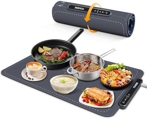 FOHERE Warmhaltematte für Speisen, 3-Temperaturstufen, rollbarer Lebensmittelgrad-Silikon-Wärmematte, 3-Stunden-Automatik-Abschaltung, tragbare Lebensmittelwärmer für Partys, Buffets, zu Hause