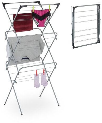 Relaxdays Tendedero Torre Plegable, Tendal con 18 Barras, 136 x 62 x 51 cm, Tenderete para Interiores, Metal, Gris, Hierro