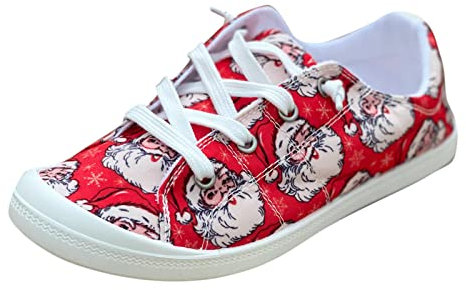Arch Support Shoes for Women Ballet Pumps Women Ladies Shoes Christmas Print Color Print Casual Shoes Fashion Soft Sole Non Slip Casual Shoes Black Platform Trainers Shoes for Bunions Women (Red, 7)