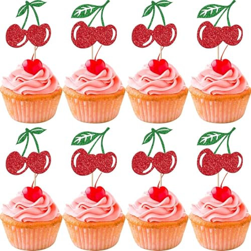 24 Stück Kirsche Tortendeko Glitzer Rote Kirsche Cupcake Toppers Obst Kirsche Kuchen Deko für Kirsche Thema Baby Dusche Braut Dusche Geburtstag Party Kuchen Dekorationen