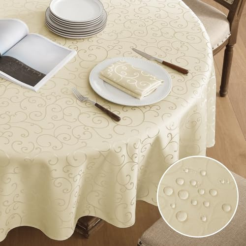 Romanstile runde Tischdecke 140 cm beige abwaschbar Outdoor Tischdecken Fleckenschutz wasserabweisend Damast Jacquard RankeTischtuch Table Cloth für Party,Geburtstag,Hotel,Restaurant,Ostern,Draußen