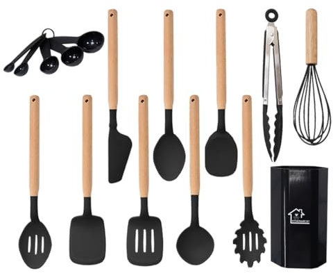 Küchenhelfer-Set 16-teilig Silikon-Kochutensilien-Set mit Holzgriff, hitzebeständig antihaftbeschichtet Kochgeschirr Zange Spatel Löffel-Set beste Küchenutensilien mit (Schwarz)