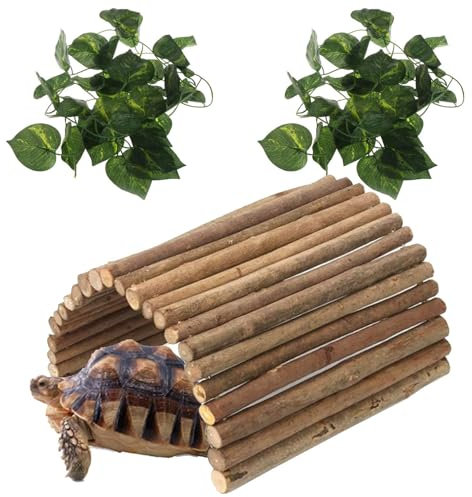 PINVNBY Extra Large Wooden Reptile Hideout Bearded Dragon Bendy Bridge Climbing Ladder Hiding Hut Reptiles Hide Cave Habitat Decor for Lizards Gecko Spiders Snakes Tortoise(L:20 x 11.8)