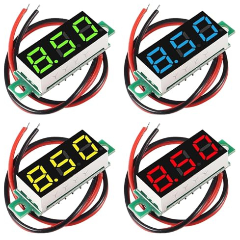 0,28 Zoll Mini Digital Voltmeter, 4 Stück (Rot, Gelb, Grün, Blau) | LED-Anzeige Voltmeter, Messbereich DC 2.4-30V, Zwei Drähte Spannungsprüfer,Verpolungsschutz und Genaue Druckmessung