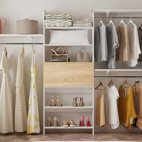 Caldion Begehbarer Kleiderschrank mit Regalen, Kleiderstangen und Schuhaufbewahrung, Weiß und Holz