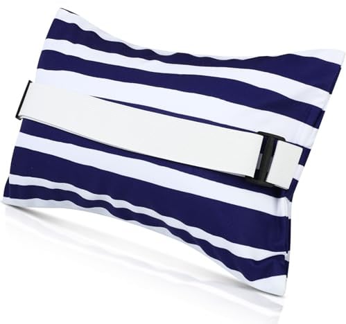 Menkxi Aufblasbares Strandkissen mit abnehmbarem Bezug, Strandkorb, Rucksackkissen mit Riemen, Streifen, für Sommer, Sandpools, Reisen, Urlaub, 43,2 x 25,4 cm, Marineblau/Weiß