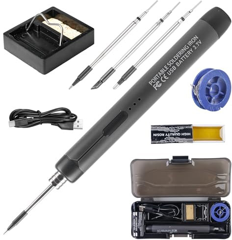 Akku Lötkolben Set, Smart Elektrischer Lötkolben Akku Set, USB Wiederaufladbar Lötkolben mit LCD, 260 ℃-420 ℃ 3 Temperaturstufen Einstellbar, 3 Lötspitzen, Tragbarer Lötkolben Schnelle Erwärmung, Grau