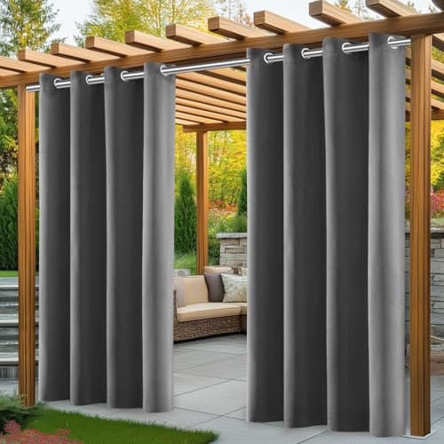 PITMT Outdoor Vorhang Wetterfest, 2er Stück Set Outdoor Vorhänge Wasserdicht mit Ösen Oben, Sonnenschutz Sichtschutz outdoorvorhänge für GardinenTerrasse Balkon Pavillon Pergola(132 * 215cm, Grau)