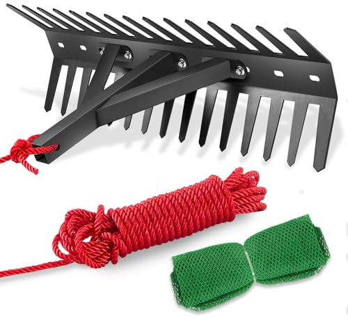 SILFISC Rastrillo acuático de 16 pulgadas, cortador de malas hierbas de acero de una pieza de 8.3 pulgadas, herramienta de limpieza de malas hierbas de doble cara para estanque, lago, remache, cuerda