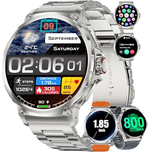 Reloj Inteligente Hombre con Batería Grande de 800mAh, 1,85'' Grande Smartwatch Hombre con 100+ Deportes, Seguimiento de la Actividad Física, Seguimiento de la Salud, IP68 Impermeable para Android iOS
