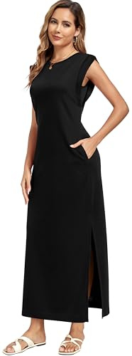 WUWUSKY Damen Maxikleid ärmellos mit Rundhals und Seitenschlitz – Elegantes lässiges Kleid mit Zwei Taschen,schwarz,L