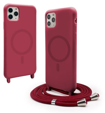 Handykette Hülle für iPhone 12(6.1)/iPhone 12 Pro(6.1) mit Band Halsband Lanyard (abnehmbar) Handyhülle, Verstellbarer Lanyard.Magnetisch Stoßfest Silikonhülle Wireless Charging kompatibel .-Rot
