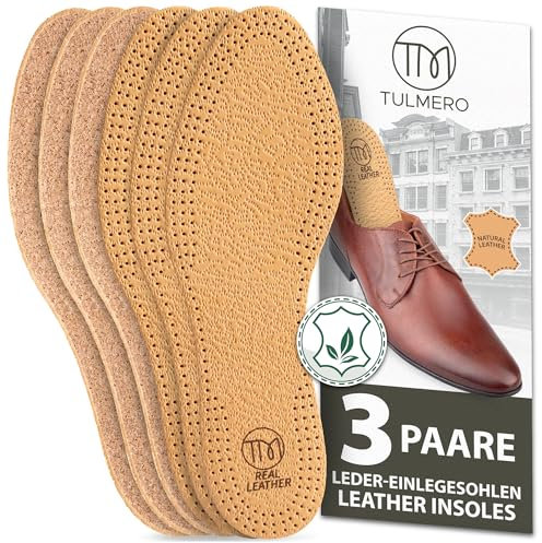 TULMERO 3 Paare Leder Einlegesohlen Herren und Damen mit echtem Naturkork - Ledersohlen Für Schuhe gegen Schweißfüße Große 42