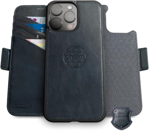 Dreem Echtleder Magnetische Abnehmbare Brieftaschenhülle für iPhone 16 Pro | Neuartig vert/horiz Handyhalter, RFID-blockierende Kartenhülle, Kompatibel mit MagSafe, Geschenkbox [Fibonacci: Graphitblau]