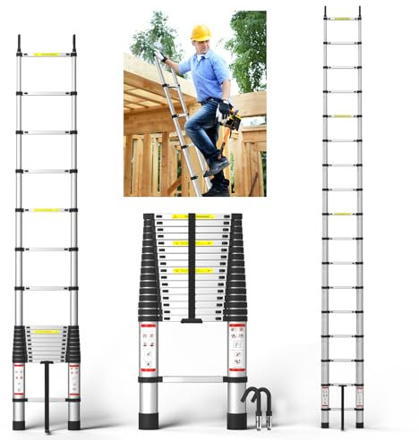 Scala telescopica in alluminio da 5,6 m, leggera scala di estensione con piedini antiscivolo, chiusure di sicurezza, capacità 150 kg, ideale per accesso alla soffitta fai da te e facile da riporre