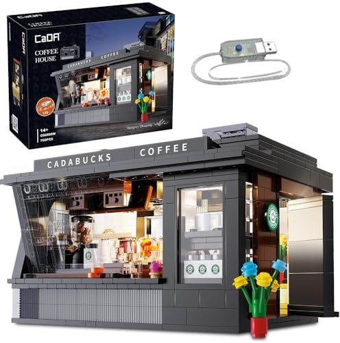 CaDA C66005W Technik Coffee Shop Bausteine Haus mit Beleuchtungsset,Modulares Klemmbausteine MOC Haus Bauset,765pcs Groß Streetview Building Blocks,Erwachsener Bauspielzeug