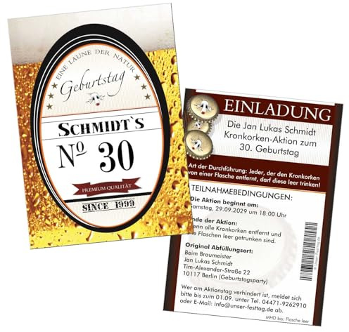 Einladungskarten zum Geburtstag, jedes Alter möglich, Bier Kronkorken | Aktion, Text personalisierbar, als digitale Dateien (2 JPGs) oder gedruckt auf hochweißem Karton 5- 100 Stück, DIY