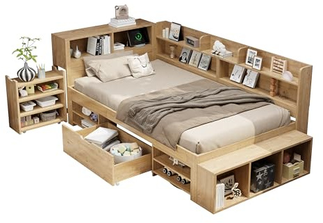 Senmate Letto Bambino con Contenitore, Letto Singolo 90x200 cm o 140x200 cm, Multifunzione con Cassetti, Comodino, Libreria e Armadio, Ampio Spazio Archiviazion, rete a doghe (90 x 200 cm)