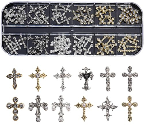 30 Pcs Kreuz Nagel Charms für Nagelkunst, 3D Metall Kristall Kreuz Nagel Dekorationen, Legierung Nagel Nieten und Strasssteine für Frauen Mädchen DIY Schmuck Handwerk Zubehör (Gold+Silber B)